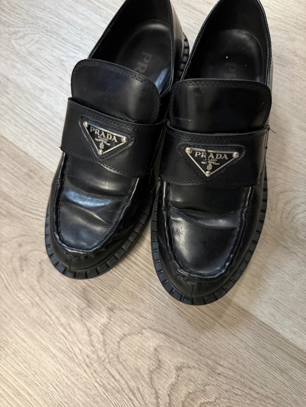 Prada Black Leather Penny Loafers with Metal Triangle Logo - Picture 13 of 16